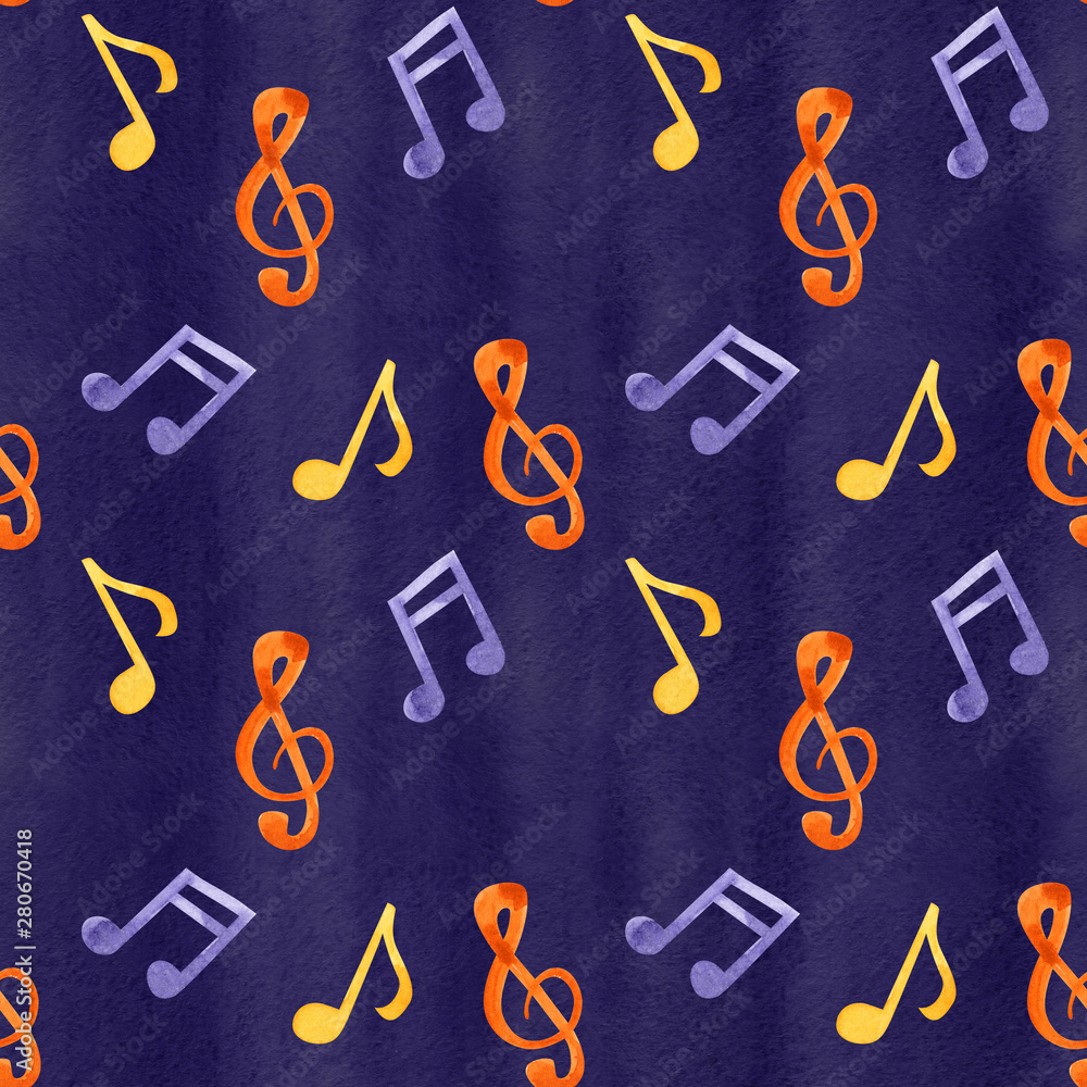 seamless pattern with blue musical notes and signs. Hand drawn bright watercolor elements on white background. seamless pattern with blue musical notes and signs. Hand drawn bright watercolor elements on white background.