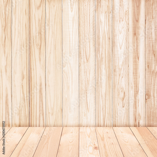 Empty wooden shelf on Wood wall texture background.