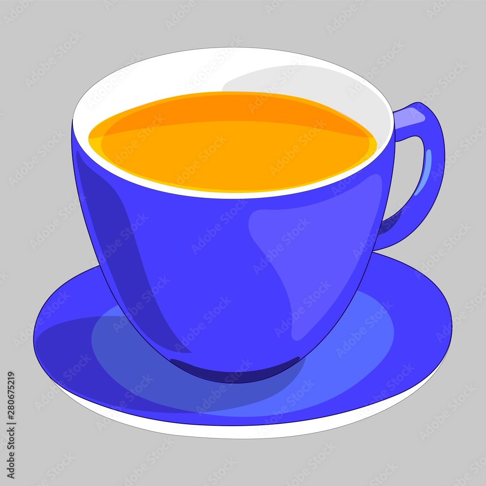 Flat drawing of a Cup and saucer . The blue mug is filled with tea. Tea party. Isolated, grey. Illustration Flat drawing of a Cup and saucer . The blue mug is filled with tea. Tea party. Isolated, grey. Illustration