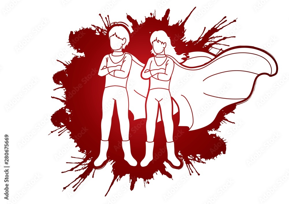 Young boy and girl standing,Super heroes action cartoon graphic vector.