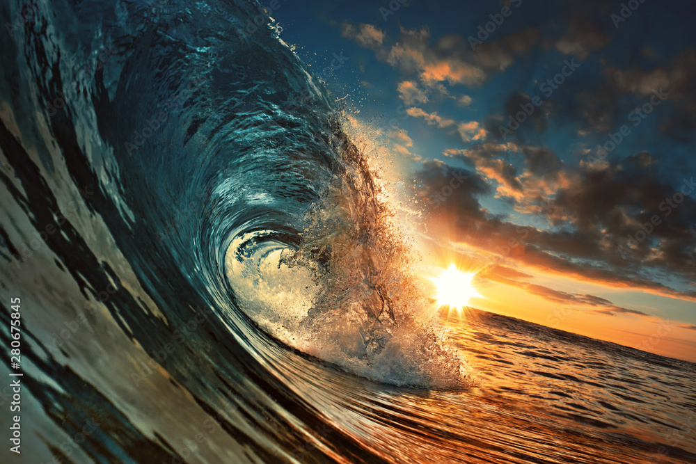 Ocean Sunset Wave, clear water in Tropical sea colorful background - obrazy, fototapety, plakaty 