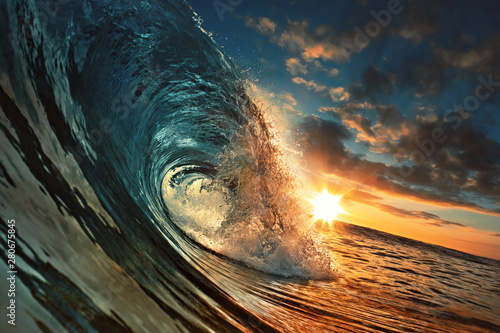 Fototapeta Naklejka Na Ścianę i Meble -  Ocean Sunset Wave, clear water in Tropical sea colorful background