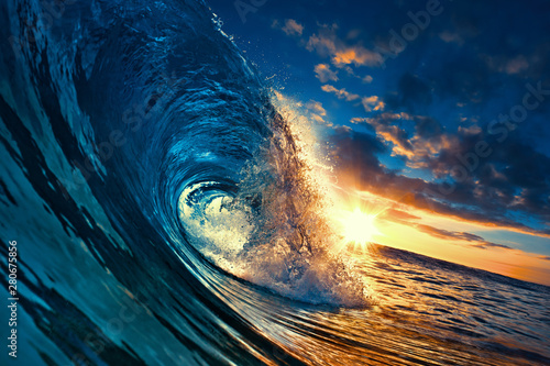 Ocean Sunset Wave, clear water in Tropical sea colorful background