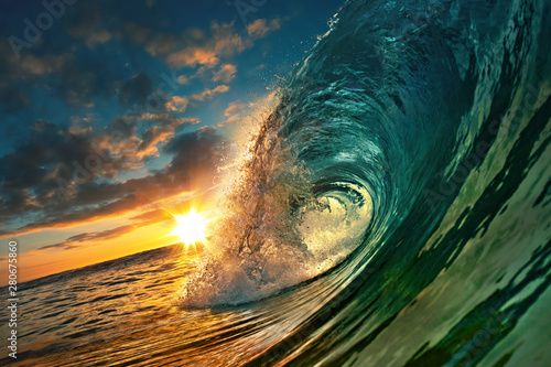 Fototapeta Naklejka Na Ścianę i Meble -  Ocean Sunset Wave, clear water in Tropical sea colorful background