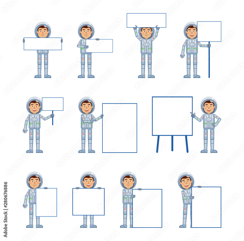Big set of astronaut characters posing with different blank banners. Cheerful spaceman holding banner, paper, poster, placard, pointing to whiteboard. Simple vector illustration Big set of astronaut characters posing with different blank banners. Cheerful spaceman holding banner, paper, poster, placard, pointing to whiteboard. Simple vector illustration