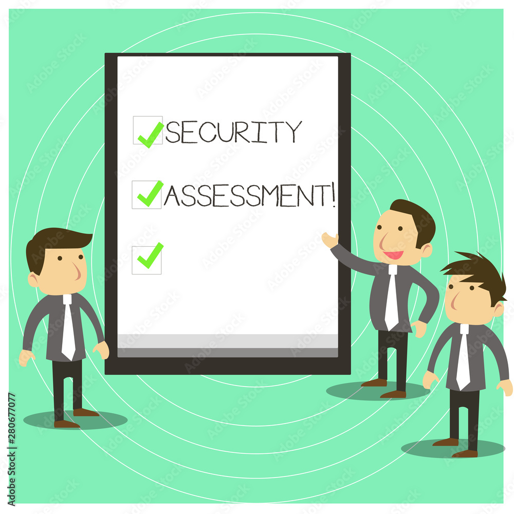 Conceptual hand writing showing Security Assessment. Concept meaning study to locate IT security vulnerabilities and risks Business Colleagues Discuss Missions Whiteboard Ticks
