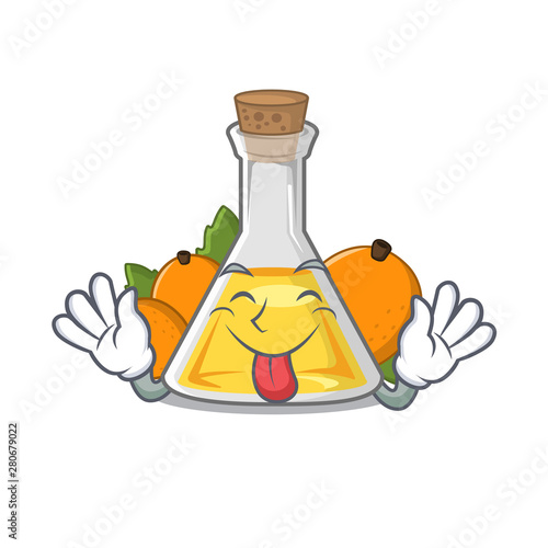 Tongue out apricot oil above cartoon wood table