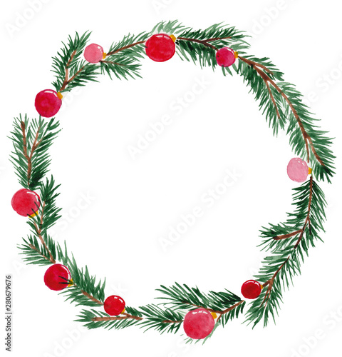 Christmas wreath from the branches of spruce with Christmas balls. watercolor illustration for prints, cards, posters.