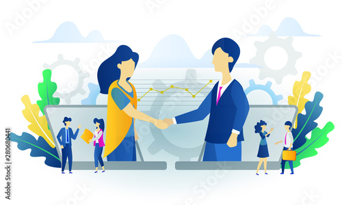 Business concept vector illustration, partnership concept, agreement of parties, hand shake, signing documents