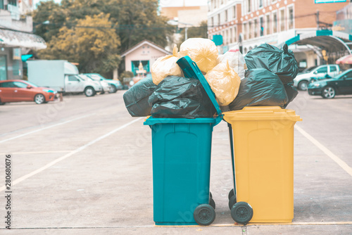 many garbage plastic bags black waste, pollution, lots junk dump, recycle green yellow bin