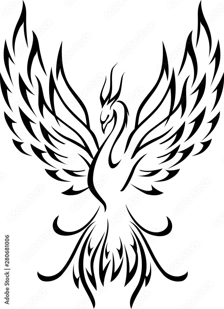 Line Art Drawing Illustration Of A Phoenix, A Mythological Bird That  Cyclically Regenerates Or Is Otherwise Born Again, On Fire Viewed From  Front Done In Monoline Tattoo Style Black And White. Royalty