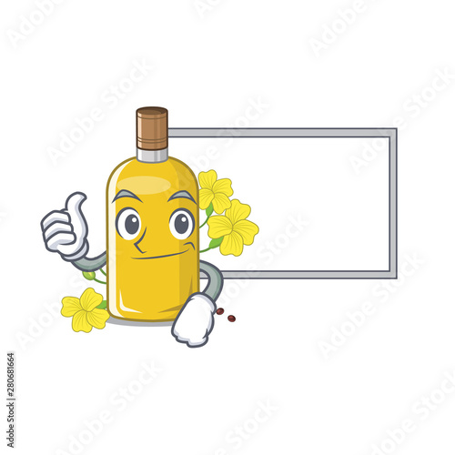 Thumbs up with board canola oil isolated with the cartoon
