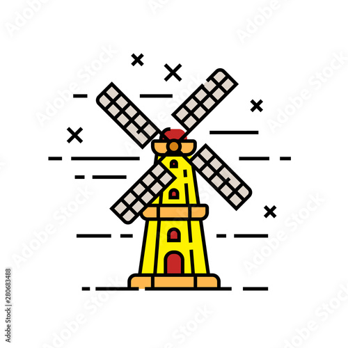 Holland windmill line icon. Old Dutch mill symbol. Traditional Netherlands farm building sign. Vector illustration.