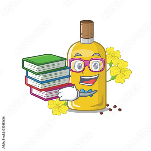 Student with book canola oil poured into cartoon glass