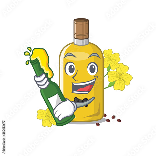 With beer canola oil poured into cartoon glass