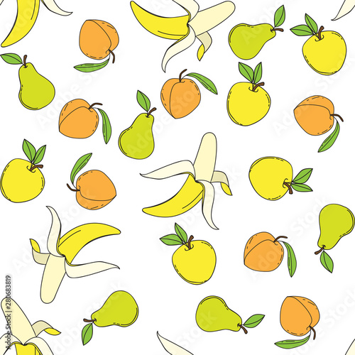 Fototapeta Naklejka Na Ścianę i Meble -  Background with juicy fruits. Fruit seamless pattern. Vector illustration