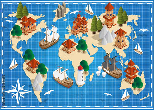 Medieval map. Isometric. Vector illustration.