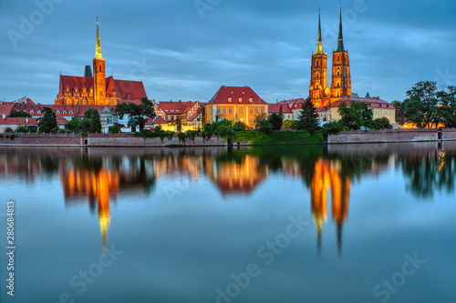 Cathedral Island with Cathedral of St. John and church of the Holy Cross and St. Bartholomew at night in Wroclaw, Poland