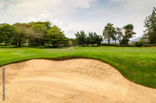 Beautiful landscape of Golf Course with sand bunker in Thailand, Golf courses in Thailand with a beautiful landscape and challenging the ability of professional golfers.