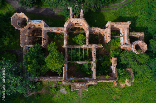 The ruins of the old house of barons Vrangel close-up (aerial photography). Torosovo, Leningrad region. Russia photo