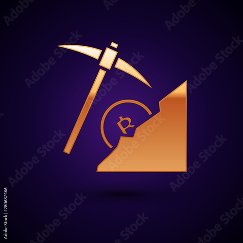 Gold Cryptocurrency cloud mining icon isolated on dark blue background. Cloud with pickaxe, bitcoin, digital money market, cryptocoin wallet. Vector Illustration