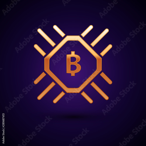 Gold CPU mining farm icon isolated on dark blue background. Bitcoin sign inside processor. Cryptocurrency mining community. Digital money. Vector Illustration