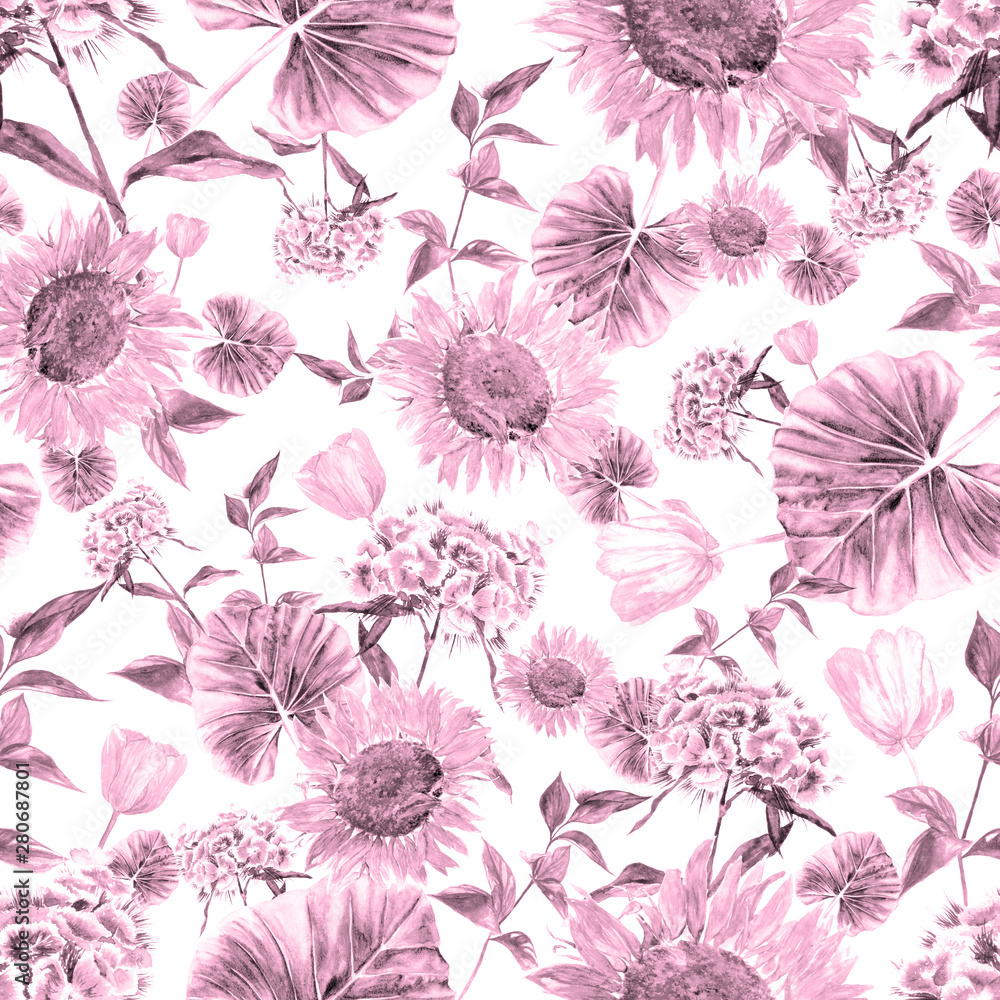 Hand drawn watercolor seamless pattern with different plants: elephant ear, turkish carnation, sunflower, tulips and different leaves Hand drawn watercolor seamless pattern with different plants: elephant ear, turkish carnation, sunflower, tulips and different leaves