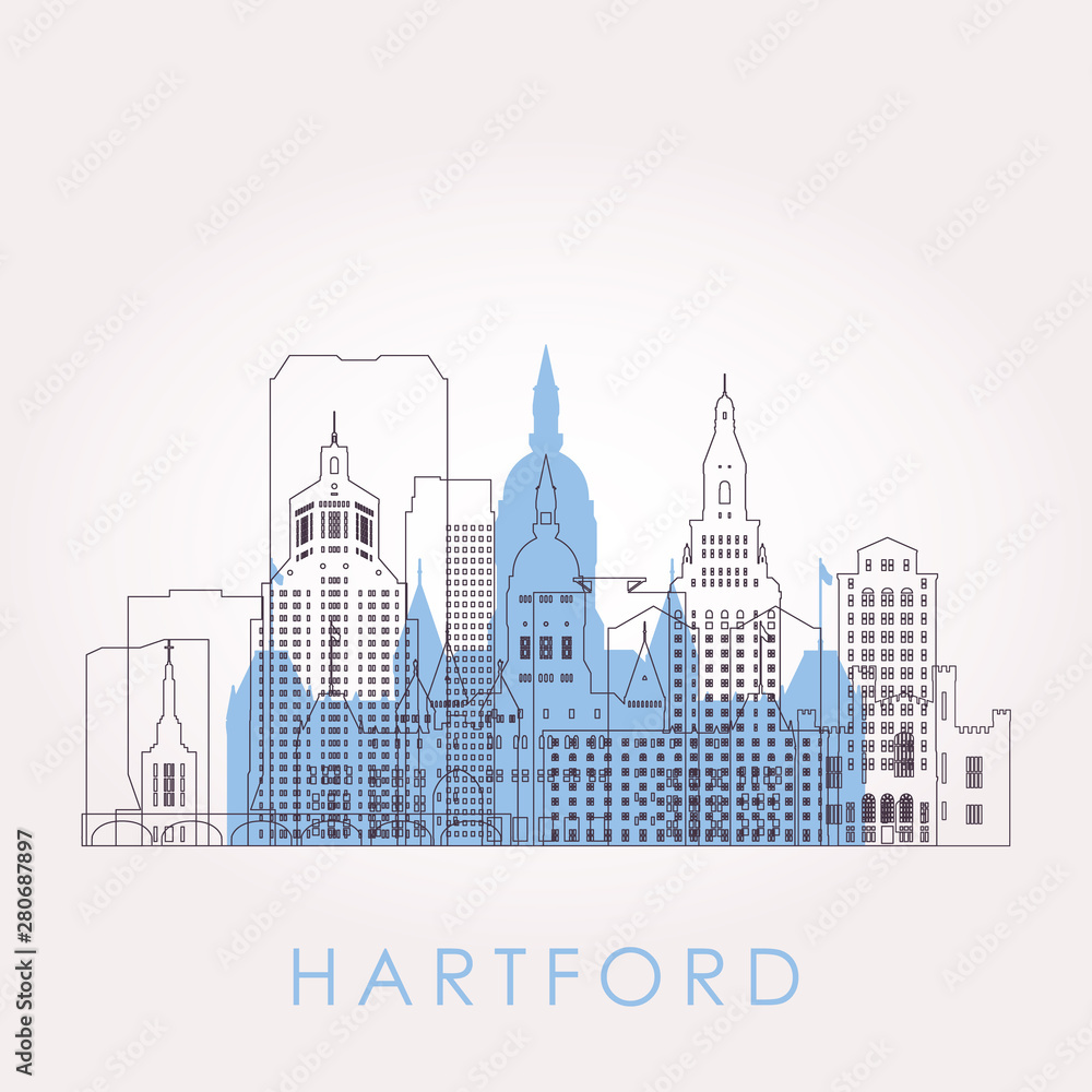 Outline Hartford skyline with landmarks. Vector illustration. Business travel and tourism concept with historic buildings. Image for presentation, banner, placard and web site.