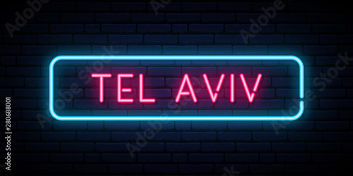 Tel Aviv neon sign. Bright light signboard. Vector banner.