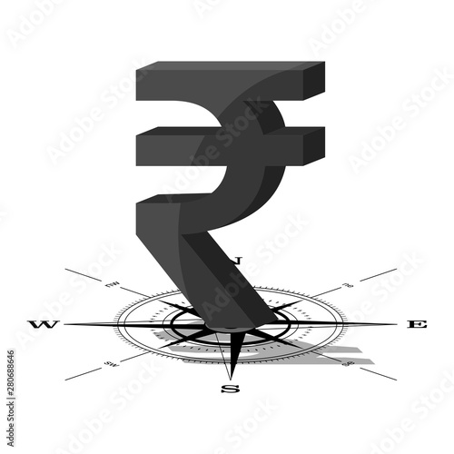 Black 3d Indian rupee sign on the top of a compass