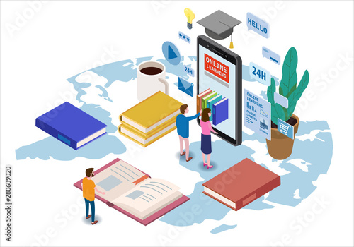 Online education isometric icons composition with little people taking books from smartphone