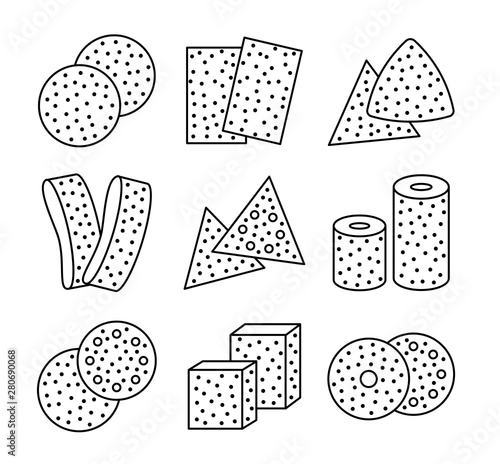 Sandpaper sheets, discs, rolls, triangles. Black & white vector illustration of sanding abrasive paper. Line icon set of glasspaper