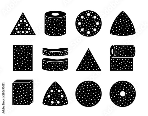 Sandpaper sheets, discs, rolls, triangles. Black & white vector illustration of sanding abrasive paper. Flat icon set of glasspaper photo