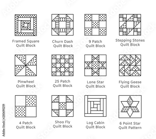 Quilt sewing pattern. Log cabin, pinwheel tiles. Quilting & patchwork blocks from fabric squares, triangles. Vector line icon set. Isolated objects