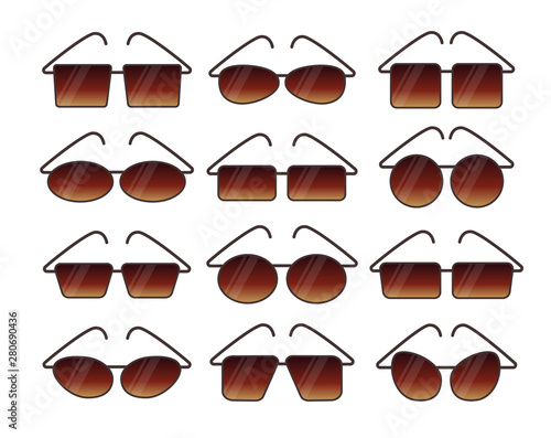 Vector illustration of summer frameless sunglasses. Flat icon set. Various shapes of sun protection rimless eye glasses. Isolated objects