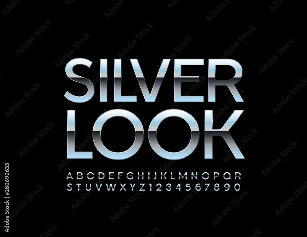 Vector modern banner Silver Look with elegant Alphabet. Reflective uppercase Font. Silver chic Letters and Numbers