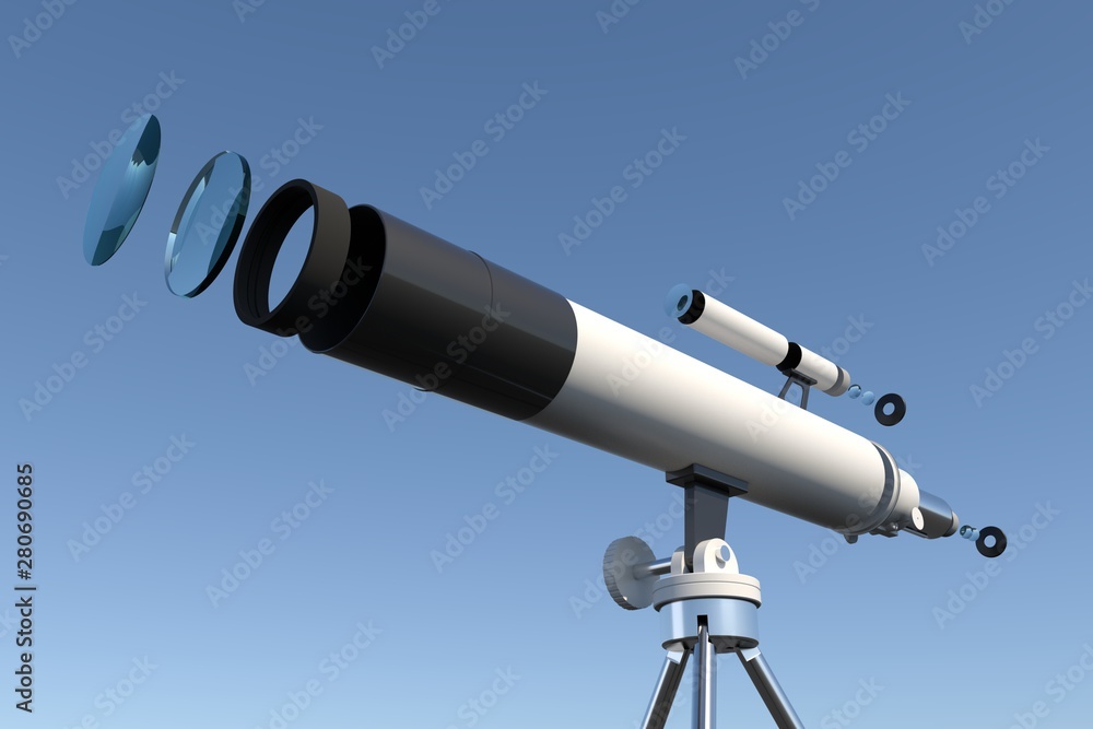 3d illustration of telescope on tripod. Telescope in section. Telescopic device. 3d illustration of telescope on tripod. Telescope in section. Telescopic device.