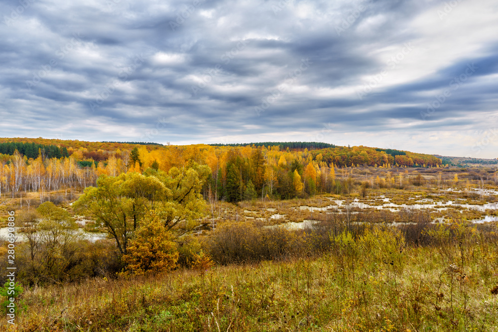 Picturesque autumn landscape. View from the hill to the lowland with forest and swamps. Beautiful natural background