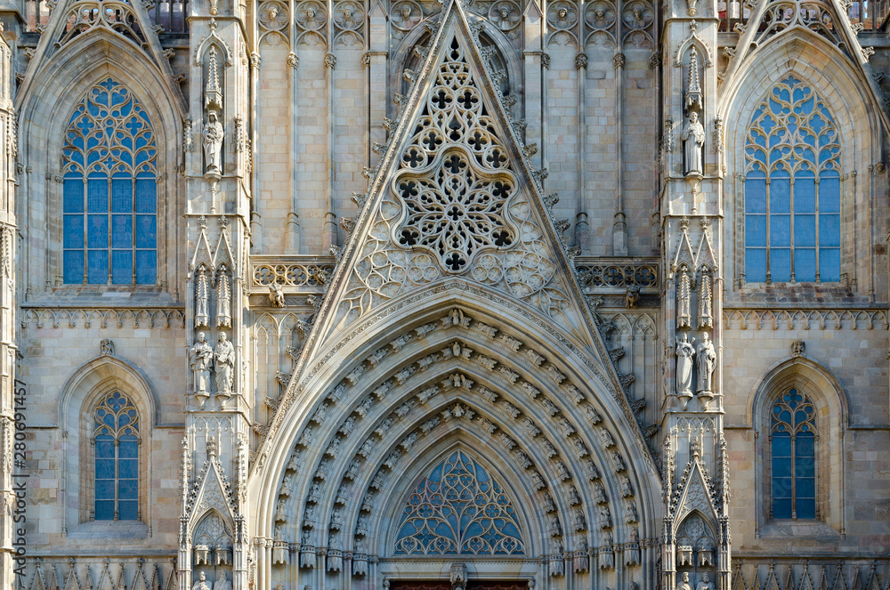 Facade of Cathedral of Holy Cross and Saint Eulalia, Gothic Quarter, Barcelona, Spain