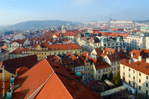 Beautiful top view of historical center of Prague, New Town Hall, Czech Republic
