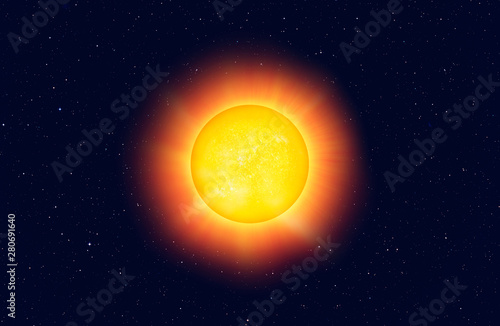 Fototapeta Naklejka Na Ścianę i Meble -  Hot Yellow sun on a black space and stras background 