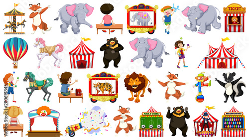 Huge circus collection with mixed animals, people, clowns and rides