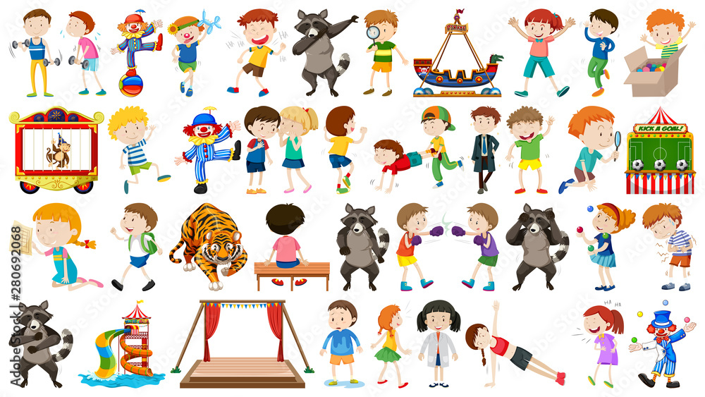 Naklejka premium Huge circus collection with mixed animals, people, clowns and rides