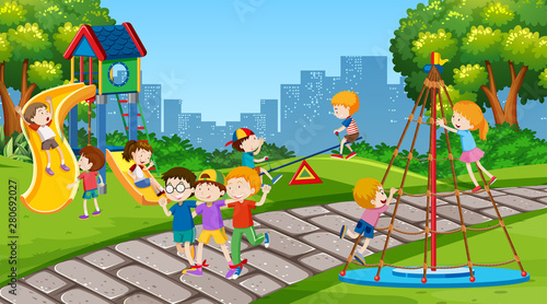 Active boys and girls playing sport and fun activities outside