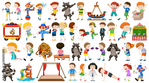 Huge circus collection with mixed animals, people, clowns and rides