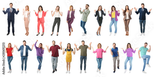 Collage of emotional people on white background. Banner design