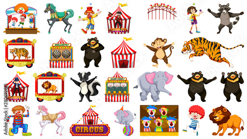 Huge circus collection with mixed animals, people, clowns and rides © blueringmedia