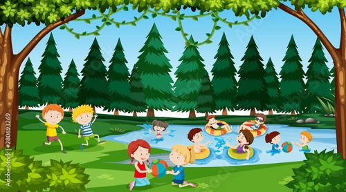 Active kids playing in outdoor scene