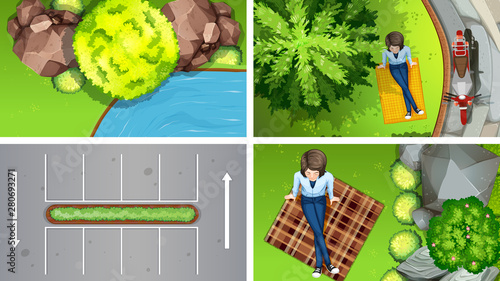 Set of top view aerial scenes in nature and outdoors