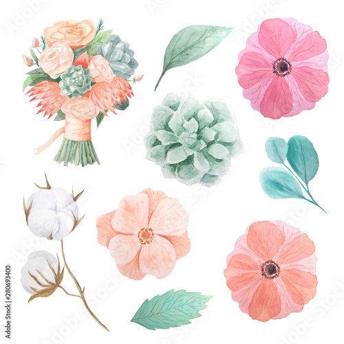 Watercolor set of pink flowers and leaves